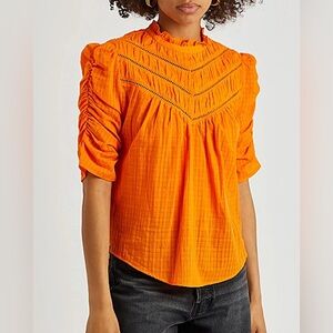 Veronica Beard Frasier Ladder Stitch Accent Cotton Blouse in Hot Orange size 6